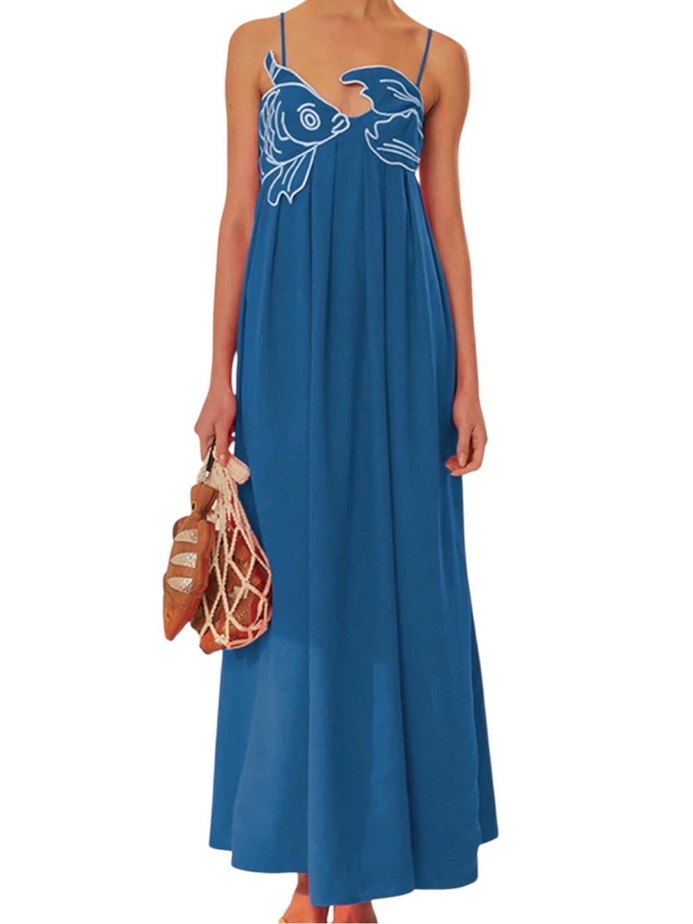 Commense Ocean Blue Embroidered Fish Maxi Dress Small NWT Cotton Blend - Picture 1 of 9